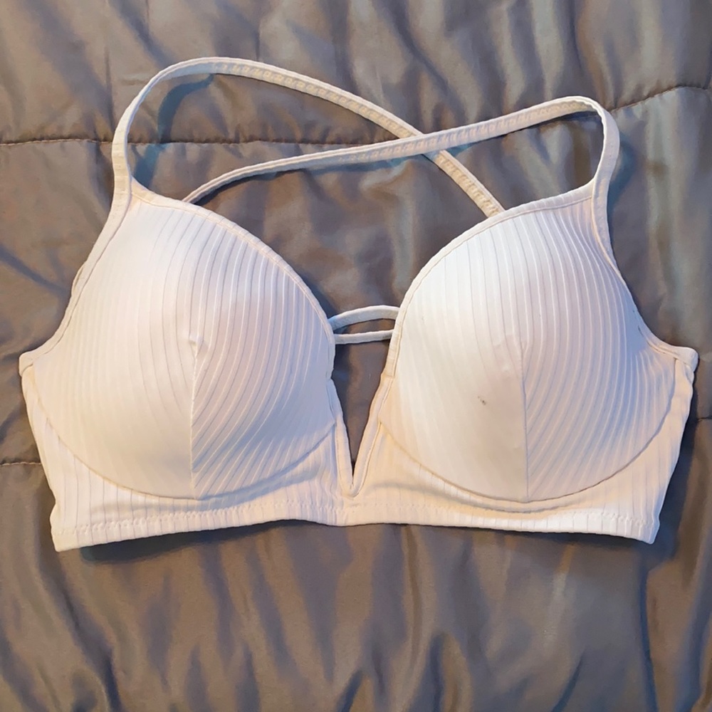 White target crisscross black bikini top